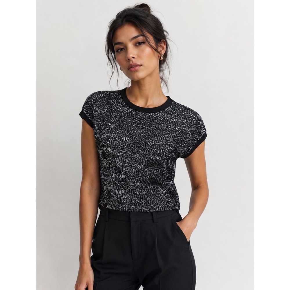 ZARA Basic Black Silver‎ Metallic Textured Knit Top Size S NWOT